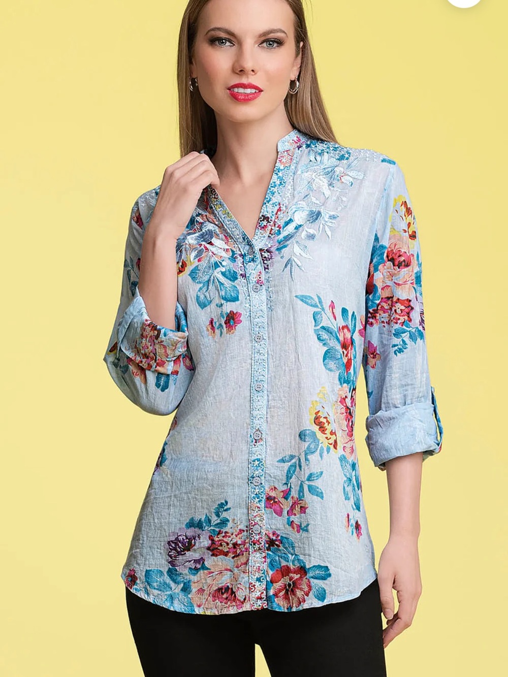 Vintage Goa Embroidered Cotton Boho Tunic Blouse Light Blue Floral Sz Large